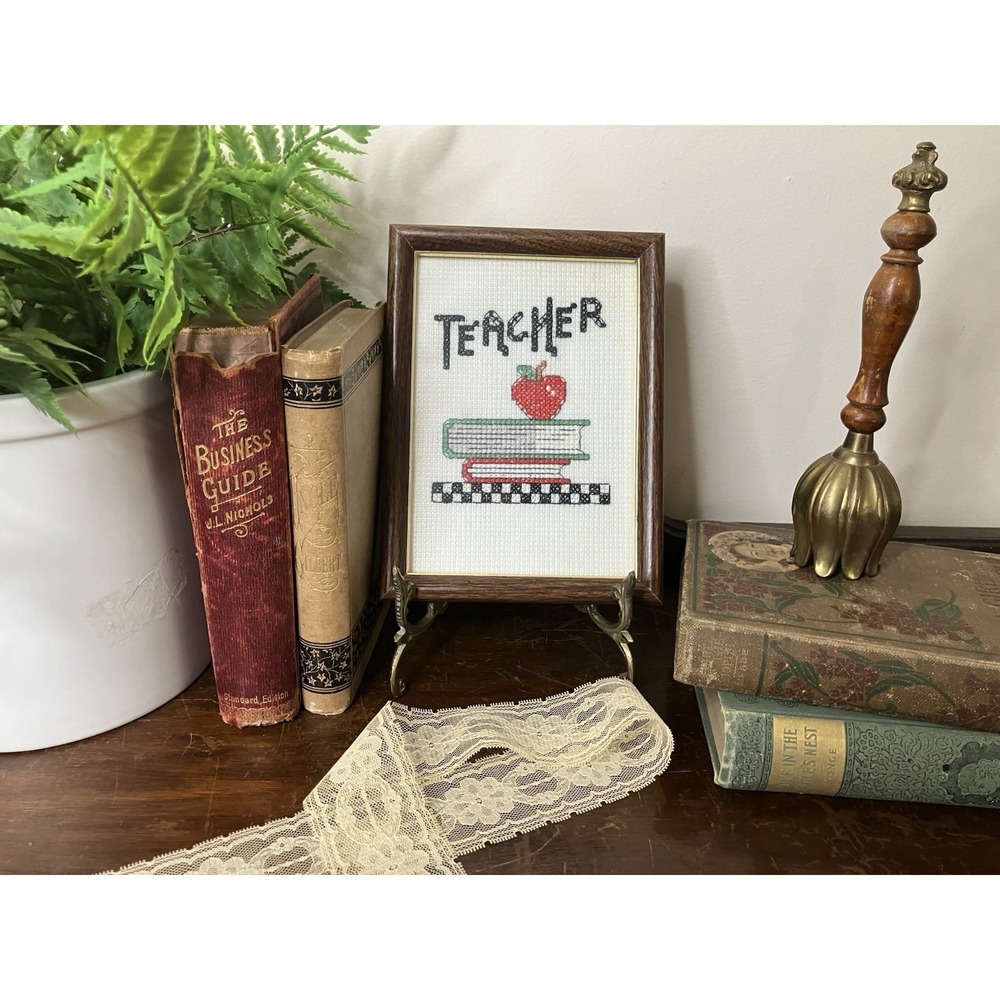 Vintage Framed Cross Stitch Teacher Apple Books Wall Decor School Gift